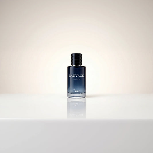 Dior Sauvage Eau de Parfum Flakon mit blauem Farbverlauf und Spiegelung auf einer hellen Oberfläche.