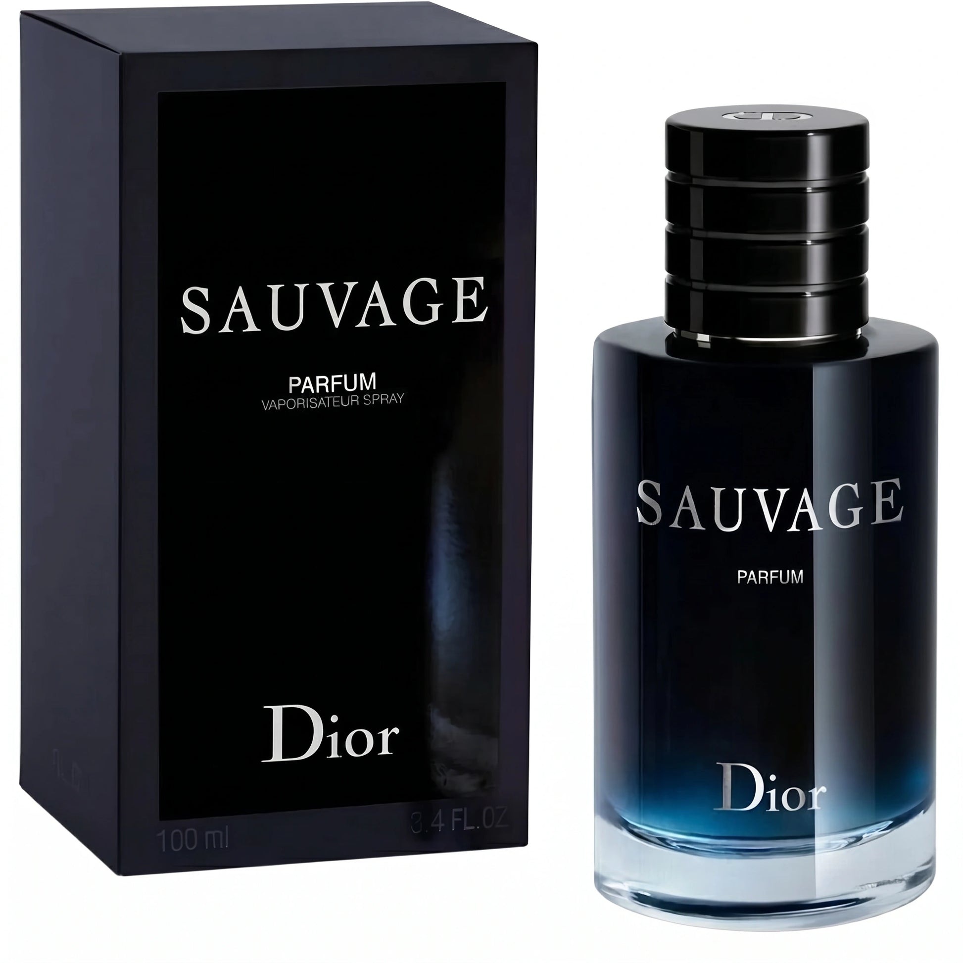 Dior Sauvage Parfum Flakon in elegantem Dunkelblau neben der passenden schwarzen Umverpackung auf weißem Grund.